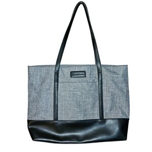 Sunny Snowy Gray Canvas Black Faux Leather Laptop Tote Bag Work Commuter Large